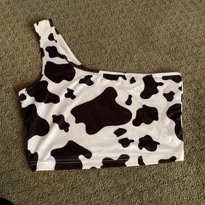 Medium over the shoulder cow print crop top